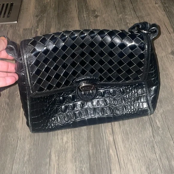 BRAHMIN Black Croc Embossed / Woven Leather Shoulder Bag